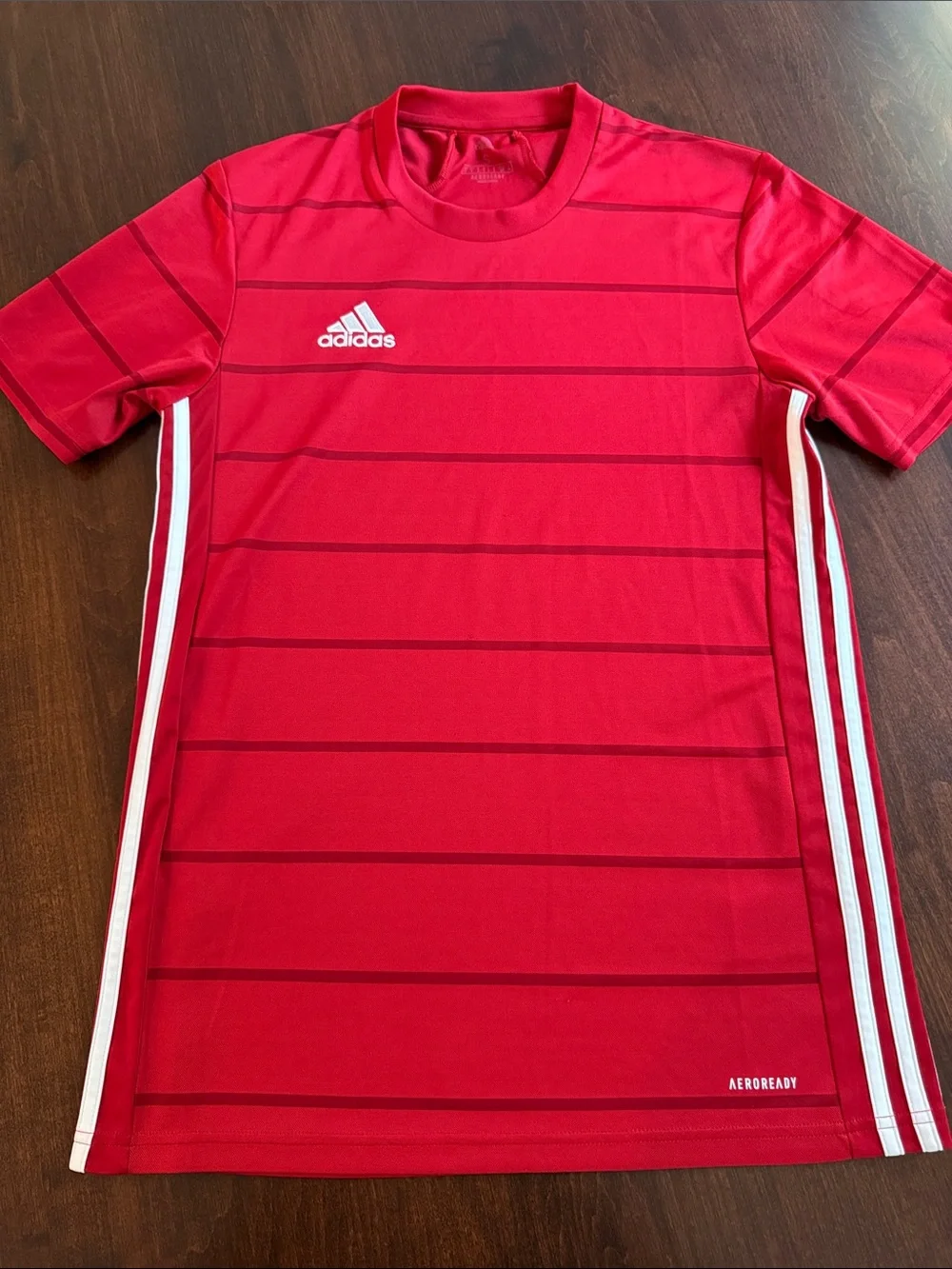 adidas Red Short Sleeve AEROREADY Training Jersey with White Stripes. Size S.